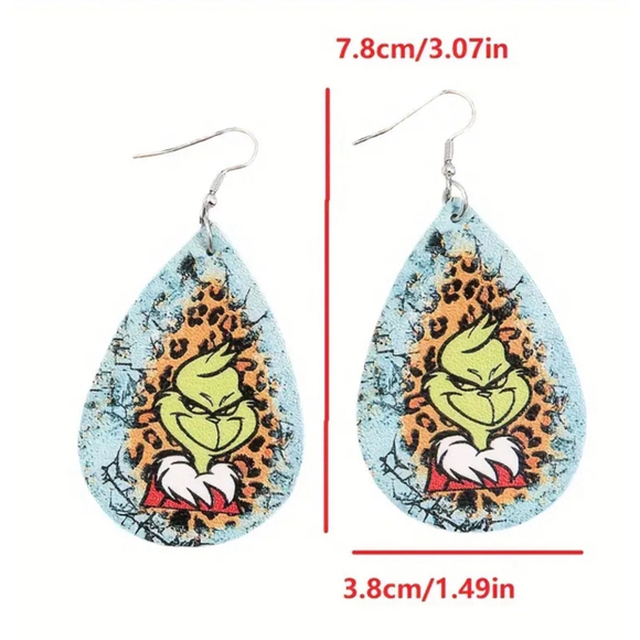Grinch Inspired Faux Leather Teardrop Earrings - Picture 4 of 4